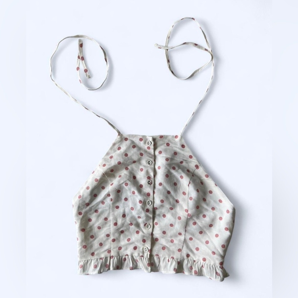 Kimchi Blue Pink Polka Dot Halter Crop Top Coquette Ruffle Button Front S